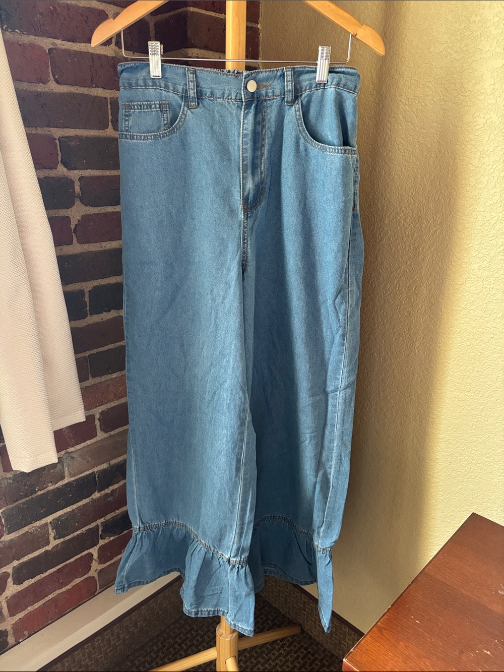 SHEIN Light Blue Ruffle-Hem Wide Leg Jeans Size M